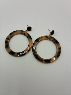 Tortoiseshell Open Hoop Earrings with Black Stone Studs - Brown/Black